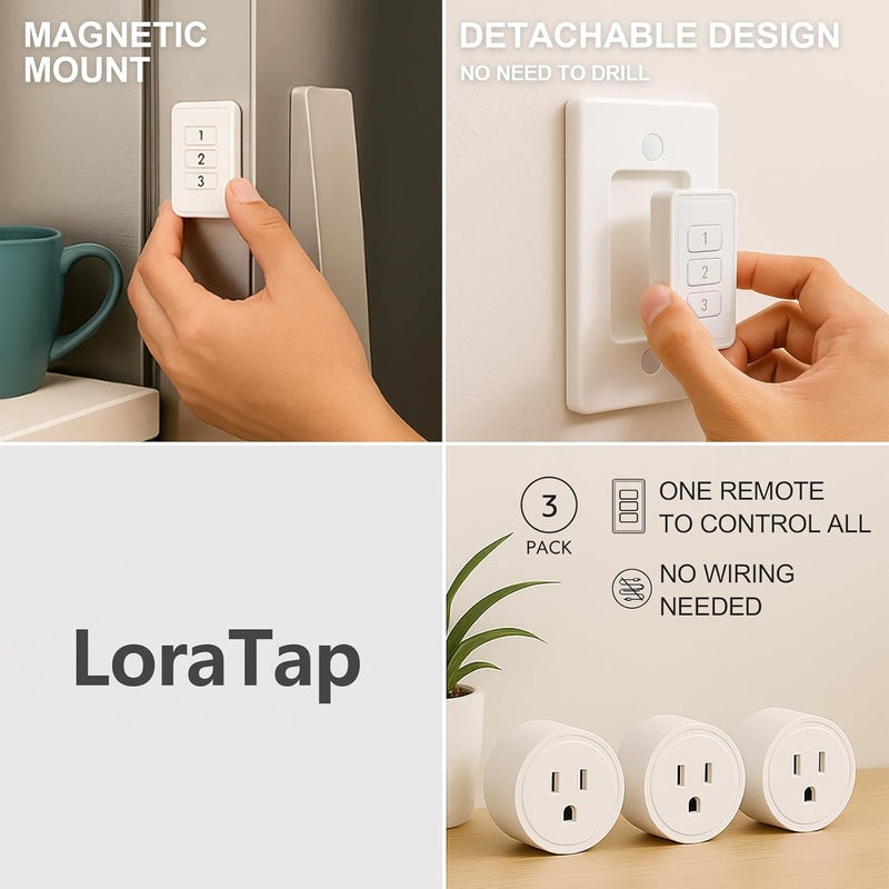 LoraTap 656ft Wireless Wall-Switch: Remote Control Outlet 3 Pack — Lights & Small Appliances — No Wiring —1 Remote for 3 Plugs - Image 4